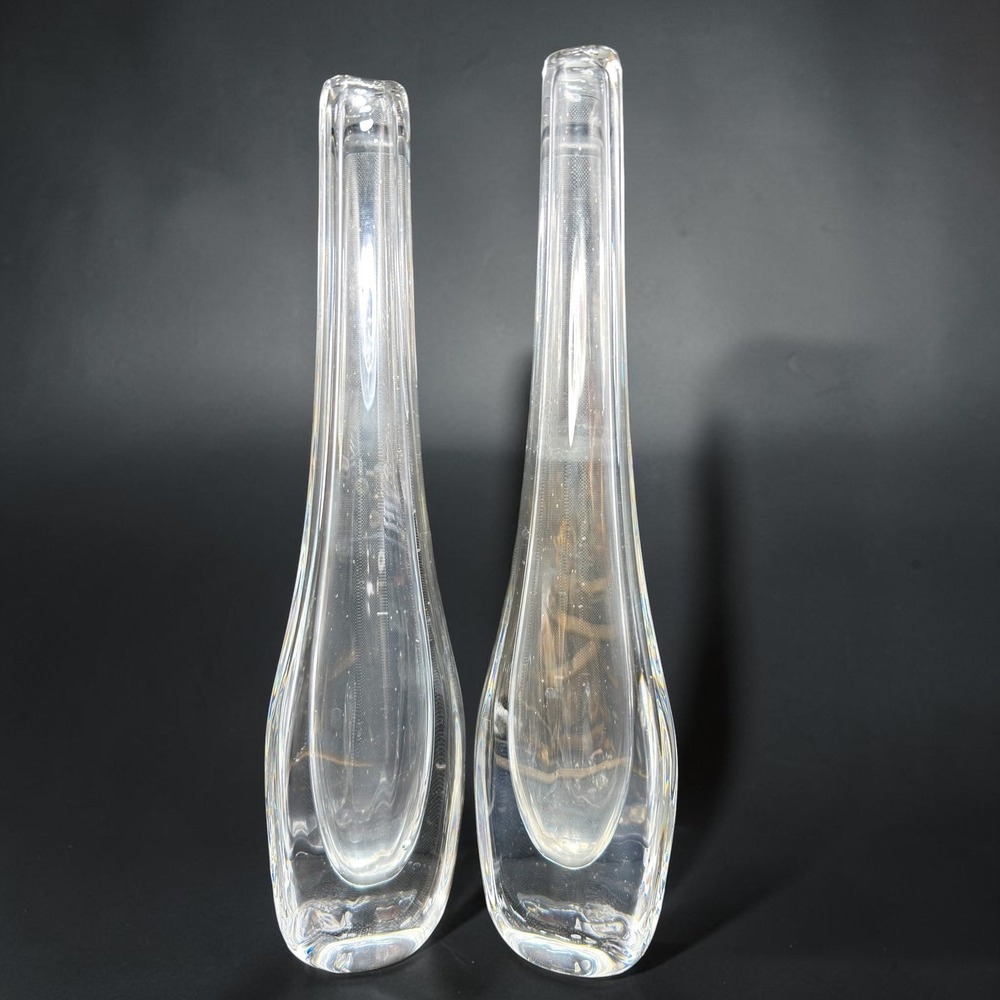 Orrefors Swedish Crystal Bud Vases Pair Clear Glass Signed Mid Century Modern